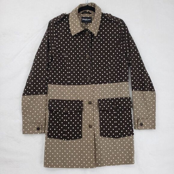 Betabrand Blazer Womens Medium Brown Tan Polka Dot Linen Button Up Jacket Retro - Picture 1 of 12